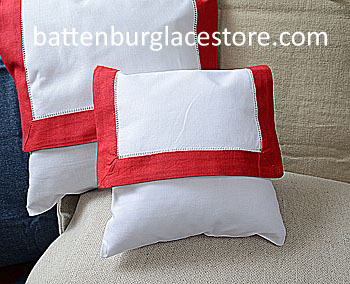 Envelope Pillow.Baby size 8 in. White with TRUE RED color trims.